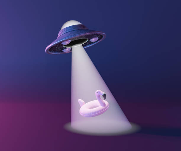 UFO stealing flamingo shaped tube 3D illustration of flying saucer using beam of light to steal pink flamingo shaped float against violet background flamingo floaty stock pictures, royalty-free photos & images