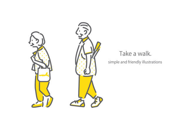 illustrazioni stock, clip art, cartoni animati e icone di tendenza di coppia senior prendendo una passeggiata - action vitality people cheerful