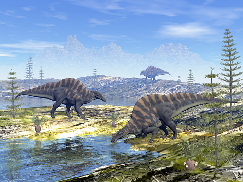 Ouranosaurus dinosaurs looking for water - 3D render