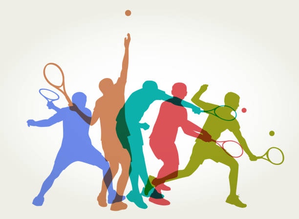 ilustraciones, imágenes clip art, dibujos animados e iconos de stock de jugadores de tenis masculino - tennis silhouette vector ball