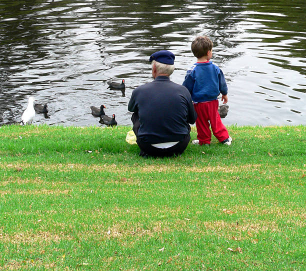 istock Old man with young boy on grass by the pond watching birds 139883803