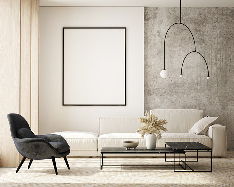 istock mock up poster frame in modern interior background, living room, Scandinavian style, 3D render, 3D illustration 1398841484