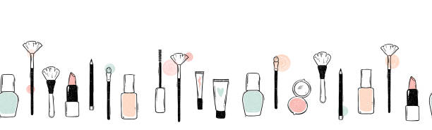 schönes handgezeichnetes make-up-nahtloses muster, kritzeleien von schönheitsartikeln, ideal für textilien, banner, verpackungen, verpackungen - vektordesign - cosmetics nail polish beauty spa lipstick stock-grafiken, -clipart, -cartoons und -symbole