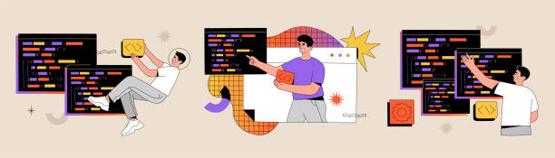 ilustraciones, imágenes clip art, dibujos animados e iconos de stock de conjunto de caracteres de codificación del programador, desarrollo web en pantalla de ordenador. - computer programmer illustrations