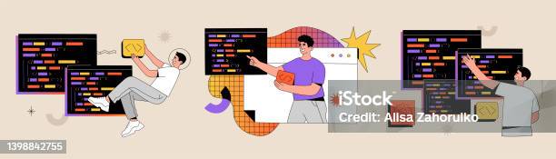 Coding Character Exllample Set Of Programmer Coding Characters Web Development On Computer Screen ...