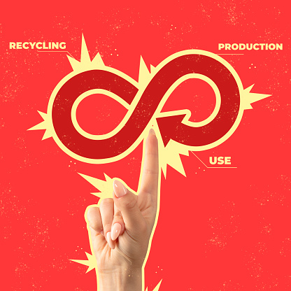 Contemporary art collage. Woman's hand pointing at circular ecomony symbol isolated over red background. Cocept of economy, statistics, production, consumption, recycle, business, poster