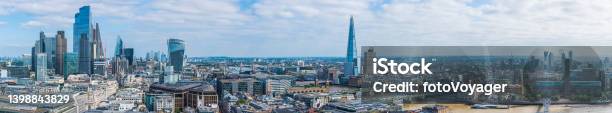 Aerial Panorama Over London City Skyscrapers Shard Thames South Bank Stock Photo - Download Image Now