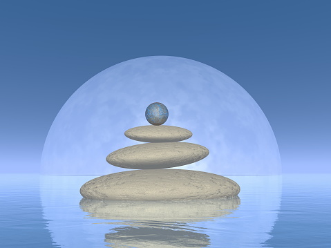 White stones upon water in front of big full moon by clear night - 3D render