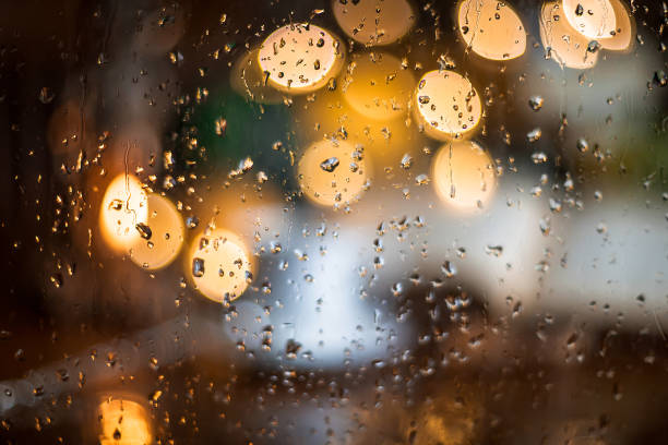 autumn still life with beautiful bokeh. a cup of coffee and a book on a wooden table through wet glass. - brown paper imagens e fotografias de stock