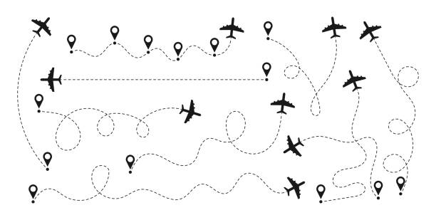 bildbanksillustrationer, clip art samt tecknat material och ikoner med airplane paths set. airplane routes with start points. aircraft trace with location or map pins. vector - prickad linje