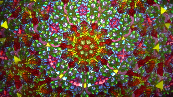 Real kaleidoscope with abstract background. View in colored fractals. 4k