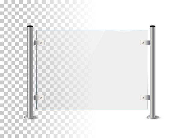 istock Glass or plexiglass fence with banisters. Architectural guardrail for balcony or office terrace vector illustration. Realistic modern decoration front view on transparent background. 1398848750