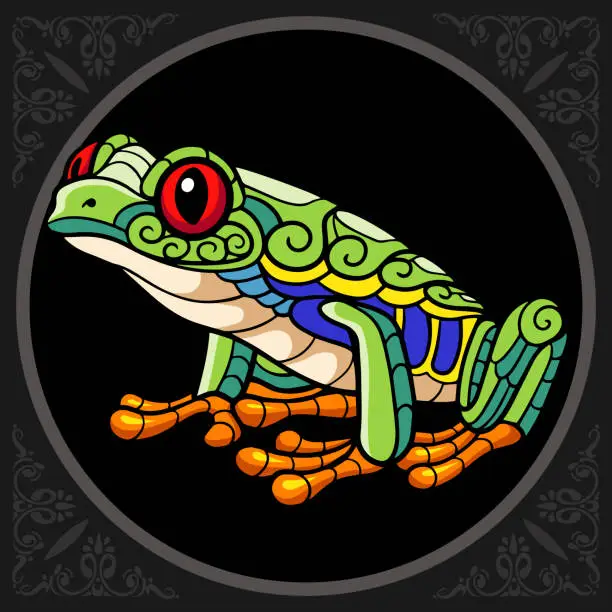 Vector illustration of Colorful red eyed tree frog zentangle arts. isolated on black background.