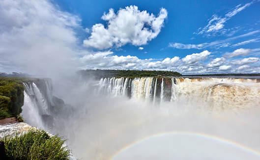 Aerial view of the Lguazu-falls and rainbow at sunny day.