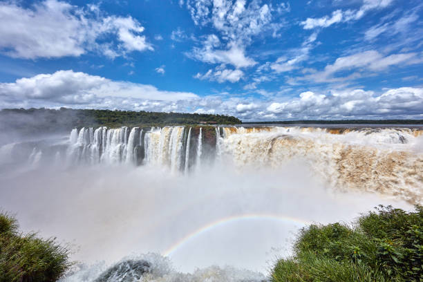 Aerial view of the Lguazu-falls and rainbow at sunny day.