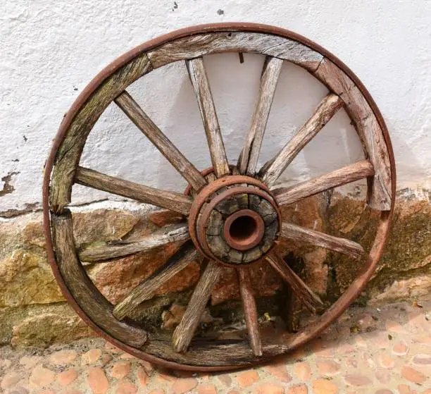 Photo of Old wagon wheel.