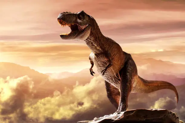 Photo of Dinosaur tyrannosaurus rex on top mountain
