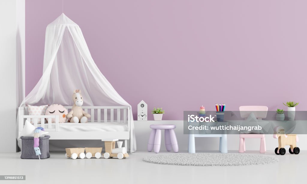 Child bedroom interior with copy space, 3D rendering Child bedroom interior with copy space for mockup, 3D rendering Purple Stock Photo