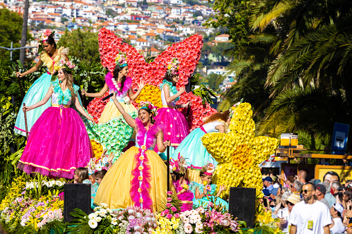 Funchal, Madeira - May 8, 2022: The famous Flower Festival (Festa da flor) in Madeira. The flower parade in Funchal.