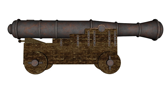 Old black iron cannon on sky background