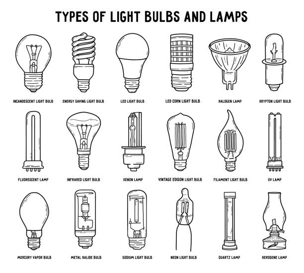 illustrations, cliparts, dessins animés et icônes de types d’ampoules électriques et de lampes réglées dans un style doodle linéaire - fluorescent light light bulb lighting equipment lamp