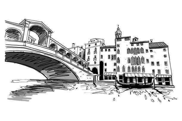 illustrazioni stock, clip art, cartoni animati e icone di tendenza di schizzo vettoriale di disegno a mano del ponte di rialto sul canal grande a venezia. italia. - venezia