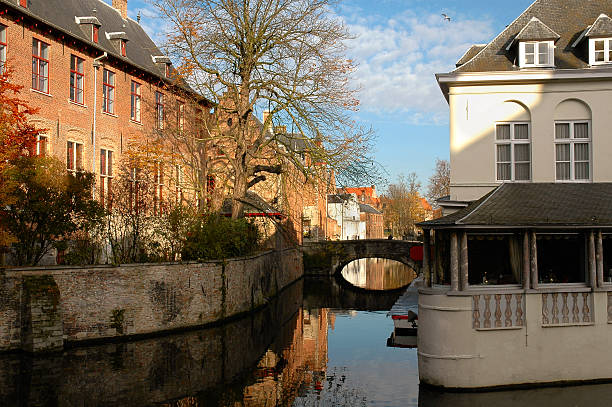 Canal in Brugges, Belgium at Sunrise stock photo