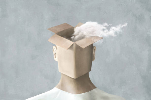 ilustrações de stock, clip art, desenhos animados e ícones de illustration of surreal man, thinking outside the box concept - box thinking creativity inspiration