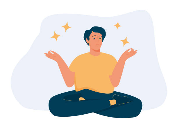 illustrations, cliparts, dessins animés et icônes de le jeune homme est assis les jambes croisées sur le sol et médite les yeux fermés. le garçon fait du yoga le matin. - men yoga meditating cross legged