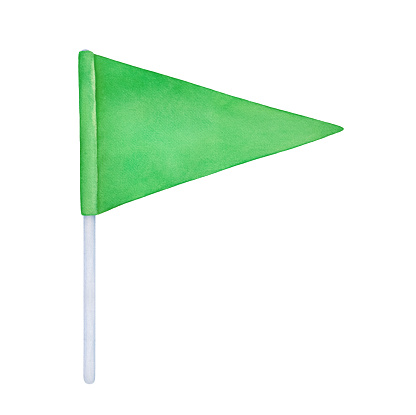 istock Water color painting of green triangular flag on white stick. One single object. 1398856436