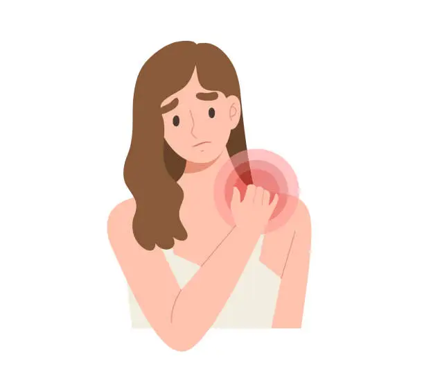 Vector illustration of Young female touching her shoulder with pain sign. Concept of muscle pain, office syndrome, bad posture, neck and shoulder pain.