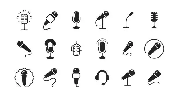 Vector illustration of Microphone vector icon set isolated on white background. Podcast, recording studio, mic symbol vector