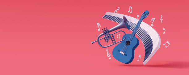 istock Musical instruments with flying music notes isolated on pink background 3d render 1398856948