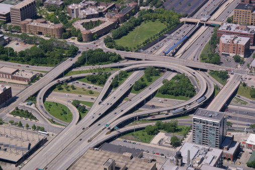 Aerial view of a highway interchange in Chicago, Illinois (I-290 & I90/94).