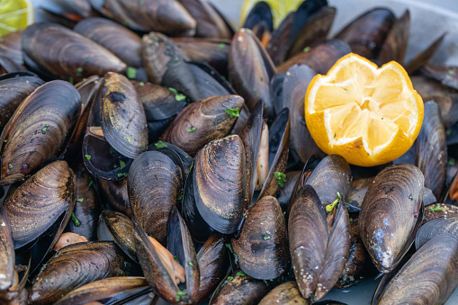 Close-up of a plate with freshly cooked mussels, organic food. High quality photo