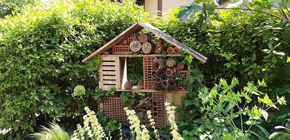 Beautiful insect hotel in a garden. Front view