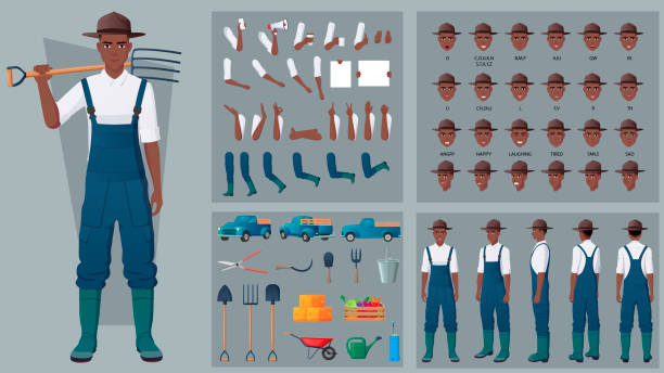 male farmer character creation set with tools, emotions, gestures, lip-sync, pickup truck premium vector - 工人褲 幅插畫檔、美工圖案、卡通及圖標