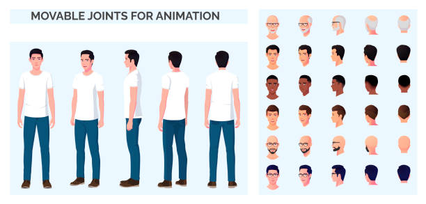 illustrations, cliparts, dessins animés et icônes de création de personnages de dessins animés avec un homme décontracté portant un t-shirt blanc et un jean bleu, devant, arrière et vue latérale avec plusieurs races et ethnies - t shirt white men jeans