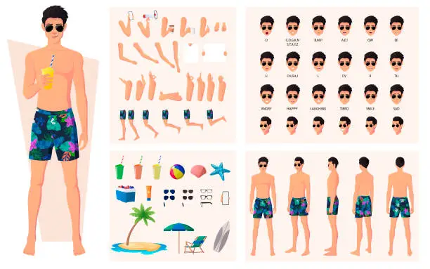 Vector illustration of Character Constructor with Man Wearing Swim Trunks and Sun Glasses on Beach. Lip sync, hand Gestures, Emotions and Picnic Items Vector File