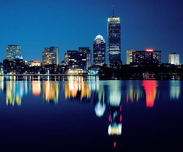 Boston in the Evening (color) Boston Massachusetts skyline shot with large format chrome in the evening. prudential tower stock pictures, royalty-free photos & images