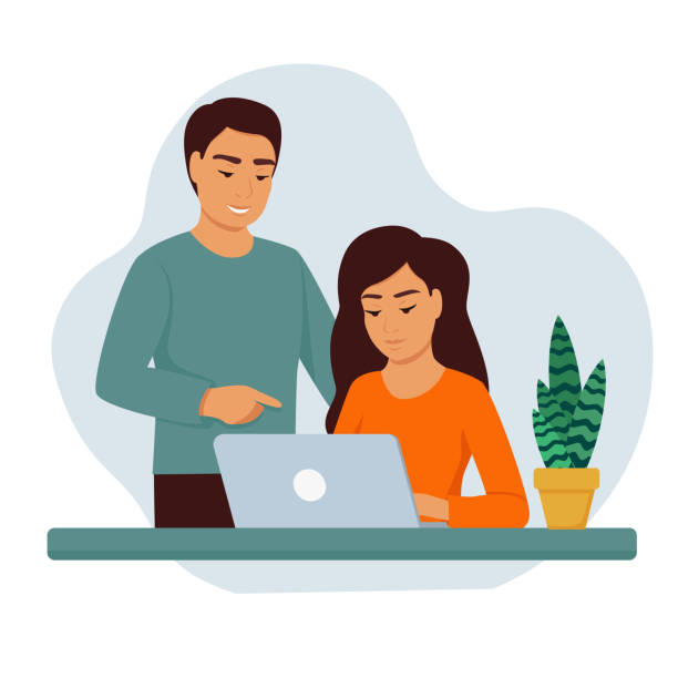 A girl with a laptop at a table, a man next to her A young woman is sitting on a laptop at home, teaching online or shopping online. junior high age stock illustrations