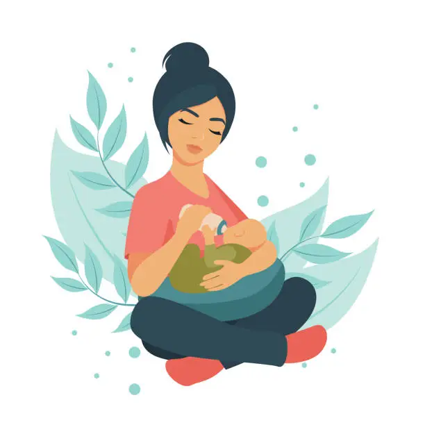 Vector illustration of A girl feeds a baby from a bottle