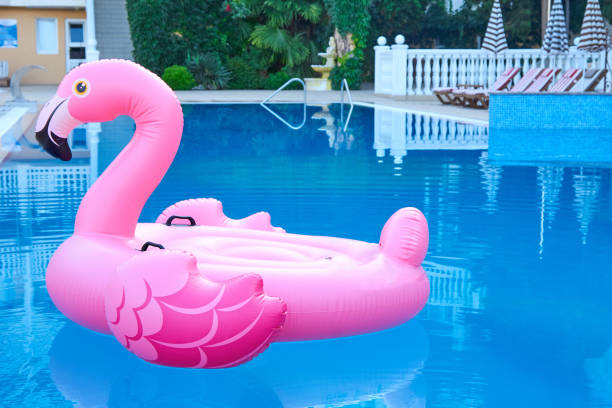 istock Transparent water filled large deep pool located territory hotel, inflatable toy 1398859995