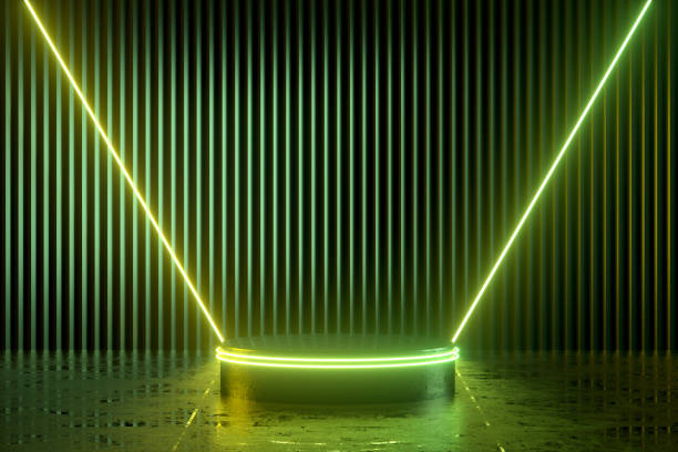 istock Podium, empty product display stand, platform in neon lighting dark room 1398860043