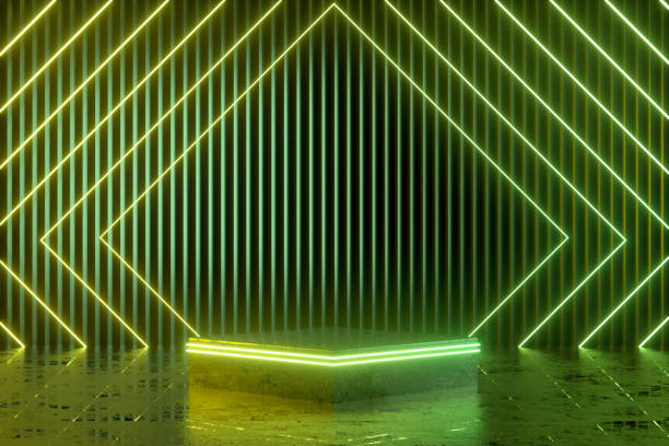 istock Podium, empty product display stand, platform in neon lighting dark room 1398860138