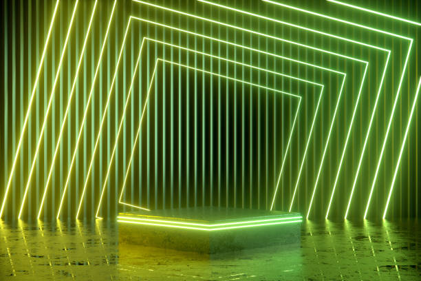 istock Podium, empty product display stand, platform in neon lighting dark room 1398860219