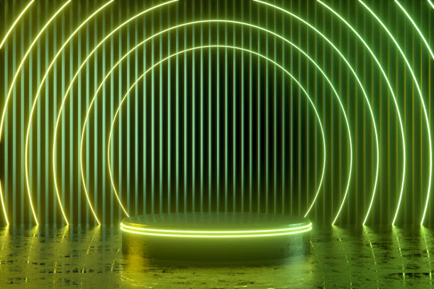 Podium, empty product display stand, platform in neon lighting dark room
