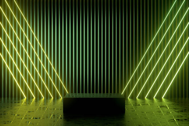 istock Podium, empty product display stand, platform in neon lighting dark room 1398860329
