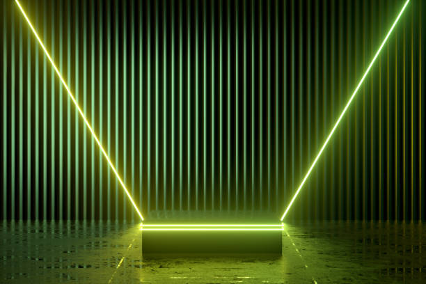 istock Podium, empty product display stand, platform in neon lighting dark room 1398860898