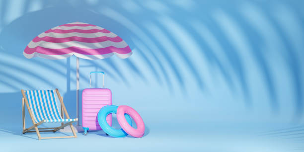 istock Summer blue background with palp leaf shadow. Beach chair, inflatable ring, sun umbrella, suitcase, leaves shadows. 1398860973